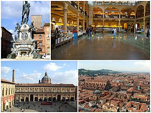 A collage o the ceety, showin the Fontana del Nettuno, the Public Library Sala Borsa, the Piazza Maggiore an an aerial view o the ceety.