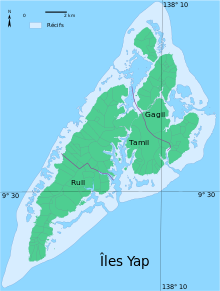 Carte en couleur figurant les îles Yap et avec des traits violets des limites