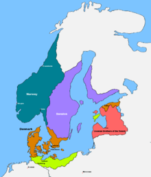 Baltic Sea in 1219 .mw-parser-output .legend{page-break-inside:avoid;break-inside:avoid-column}.mw-parser-output .legend-color{display:inline-block;min-width:1.25em;height:1.25em;line-height:1.25;margin:1px 0;text-align:center;border:1px solid black;background-color:transparent;color:black}.mw-parser-output .legend-text{}  Norway   Sweden   Denmark   Conquered by Denmark in 1219 (Pomerania conquered in 1219, lost in 1227. Ösel purchased in 1559, lost in 1645)   Sword Brethren