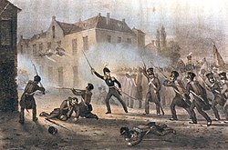 Принц Оранський веде в бій голландську армію в битві при Равелі 3 серпня 1831.