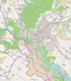 Mapa konturowa Bratysławy, w centrum znajduje się punkt z opisem „Hviezdoslavovo námestie”