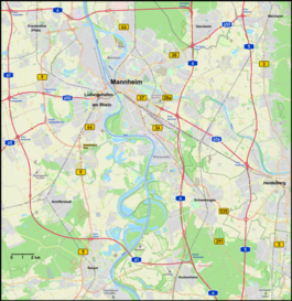 Oversigtskort over Mannheim-Ludwigshafen området