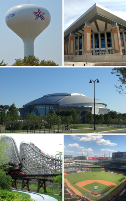 自顶部、由左至右分别是阿灵顿水塔、得州大学阿灵顿分校、AT&T体育场、六旗得州乐园（英语：Six Flags Over Texas）内的过山车新得克萨斯巨人（英语：New Texas Giant）和阿灵顿棒球场