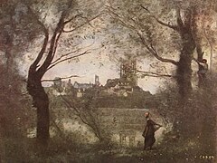 Mantes, la Cathédrale et la Ville vues à travers les arbres, le soir, 1860-1865 Musée des beaux-arts de Reims.