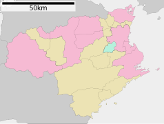 Mapa konturowa prefektury Tokushima, u góry po prawej znajduje się punkt z opisem „Naruto”