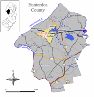 Location of Union Township in Hunterdon County highlighted in yellow (right). Inset map: Location of Hunterdon County in New Jersey highlighted in black (left).