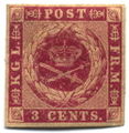 Паштовая марка Дацкай Вест-Індскай кампаніі 1866 года з хвалістым гільяшыраваннем, бачным на краях і вуглах