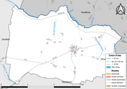 Carte en couleur présentant le réseau hydrographique de la commune