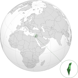 İsrail'in Dünya üzerindeki konumu. İsrail'in işgali altındaki bölgeler açık yeşil ile gösterilmiştir.