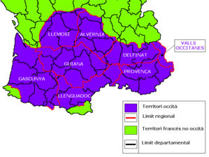 Territoris de les llengües d'oc (s'ha d'afegir l'àrea del Piemont).