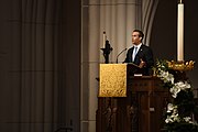 Grandson George P. Bush speaks during the church service in Houston on December 6, 2018.
