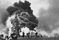 USS Bunker Hill hit by kamikazes during the Battle of Okinawa