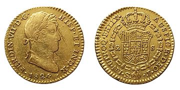 Moneda de dos escudos de Fernando VII, Sevilla, 1824.