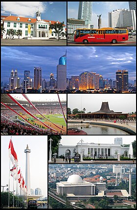 D' heut in bos, d' gueuche à droéte: vieille ville, musée national d'Indonésie, panorama de Jakarta, stade Gelora-Bung-Karno, rond-point de l'hôtel Indonesia, palais de l'Indépendance, mosquée Istiqlal aveuc l' catédrale Sainte-Marie éd l'Assompcion, Monumen Nasional.