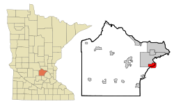 Location of the city of Hanover within Wright and Hennepin Counties in the state of Minnesota