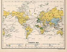 Карта валютных систем мира. 1907 год. Жёлтым цветом выделены страны с золотым стандартом, голубым цветом выделены страны с серебряным стандартом, зелёным цветом обозначены страны с биметаллическим стандартом.