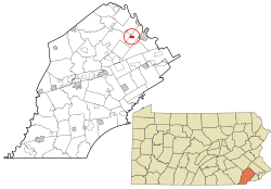 Location of Kimberton in Chester County, Pennsylvania (top) and of Chester County in Pennsylvania (below)