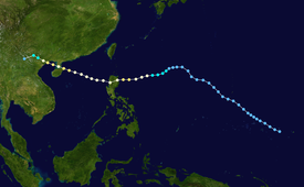 Track of a tropical cyclone as represented by colored dots on a map. Each dot represents the storm's position at six-hour intervals, while the color of each dot denotes its intensity.