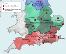 Carte montrant le découpage en diocèses de l'Angleterre.