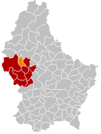 Map of Luxembourg with Wahl highlighted in orange, and the canton in dark red