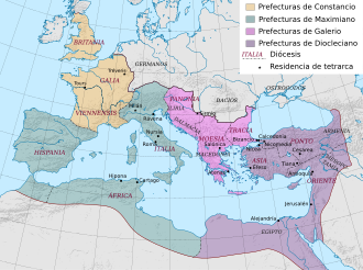 Mapa del Imperio romano durante la tetrarquía, mostrando las diócesis y la zona de responsabilidad de los cuatro tetrarcas.