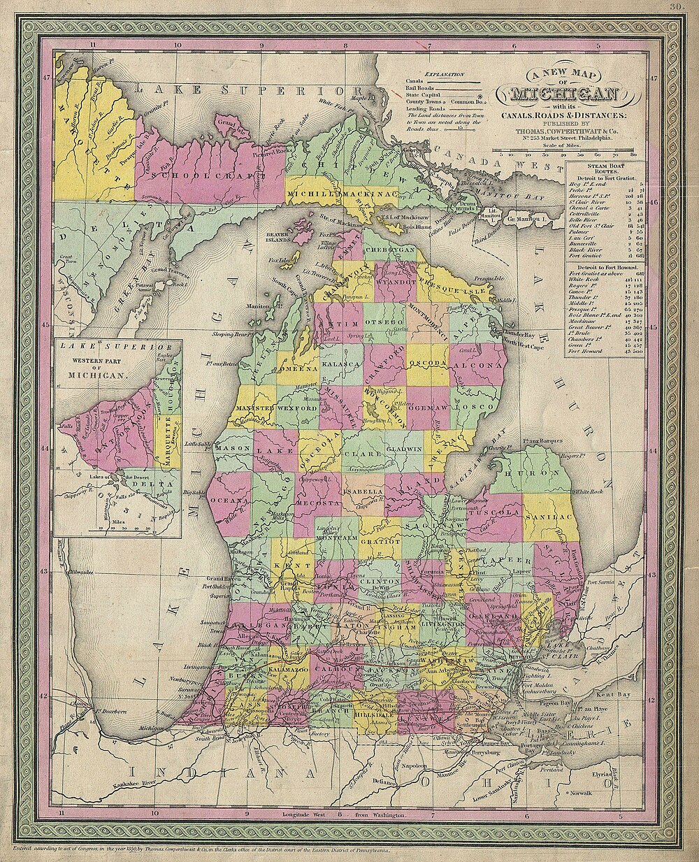 1850 map showing Cheboygan and Wyandot as separate counties.