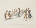 Pakaian rakyat Uri dan Zürich (para pemusik), Appenzell (wanita) dan Bern (pria), Fricktal (wanita) dan Unterwalden (pria), Thurgau (wanita) dan Vaud (pria), Appenzell (pria) dan Berne (wanita) (para penari), Franz Niklaus König (1828)