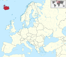 Carte administrative de l'Europe, montrant l'Islande en rouge.