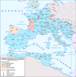 The Western Roman Empire in 418 AD, following the abandonment of Britannia and the settlement of the Visigoths, Burgundians, and Suebi within imperial territory as foederati