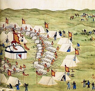 Un fragmento de un cuadro de rollo que representa el campamento del emperador chino Kangxi al río Kherlen en ruta para atacar al Janato de Zung, en 1696..
