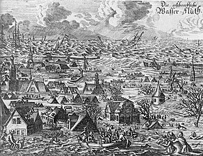 اکتوبر 1634 میں جرمنی اور ڈنمارک کے شمالی سمندر کے ساحل پر آنے والے سیلاب کی ہم عصر تصویر۔