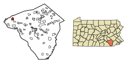 Location of Elizabethtown in Lancaster County, Pennsylvania (left) and of Lancaster County in Pennsylvania (right)