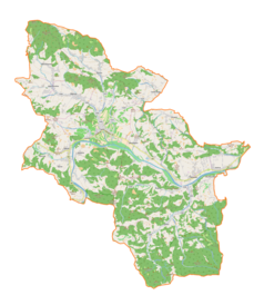 Mapa konturowa gminy Łącko, po prawej znajduje się punkt z opisem „Jazowsko”