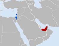 Peta Israel (biru), Uni Emirat Arab (merah) dan Bahrain (jingga).