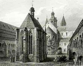 Cloister with St. Anne's Chapel and the rose in the background, c. 1845