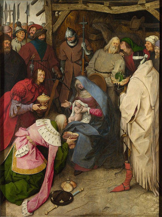 Original – The Adoration of the Kings (1564) by Pieter Bruegel the Elder; A rather unusual take of the Adoration from PBeE. Many of those surrounding Christ—including the Three Kings—are caricatured slightly or shown as a grotesque, and the Virgin is shown naturally and not idealised. The viewpoint is from a slightly elevated position, which has the effect of focussing attention on the Christ figure in the Virgin's lap, which is shown in the exact centre of the painting.