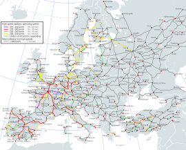 Высокоскоростные магистрали Европы 310−320 км/ч 270−300 км/ч 240−260 км/ч 200−230 км/ч  <200 км/ч