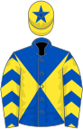 Blue, yellow diabolo, chevrons on sleeves, yellow cap, blue star