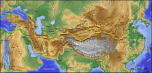 Map of Eurasia with drawn lines for overland routes