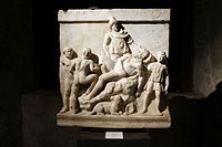 3rd century sarcophagus relief at Catania, regarded as a simplified version of the Sperlonga group, or its model.