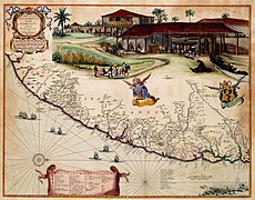 Carte de Pernambouc Nord datant d'entre 1630 et 1654. Atlas van der Hagen (nl), Bibliothèque royale (Pays-Bas). L'illustration montre le travail des esclaves africains dans les plantations.