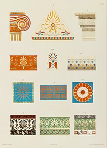 19th century illustration of multiple polychrome elements of Ancient Greek architecture, including an Ionic capital in the top left, by Jacques Ignace Hittorff