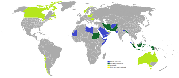 Страны с запретом алкоголя. Синим отмечены страны, где он запрещён абсолютно, тёмно-зелёным — где запрещён мусульманам