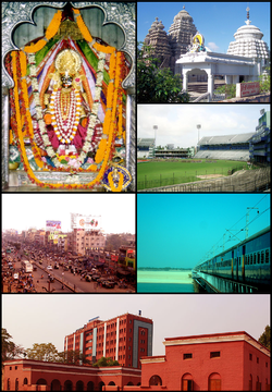 Clockwise from top left: Deity of Cuttack Chandi Temple, Uttareshwar Temple, Barabati stadium, Railway Bridge on River Mahanadi, View of Odisha High Court from Ravenshaw Collegiate School premises, Badambadi Bus Terminal