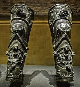 Ornate gladiator shin guards from Pompeii