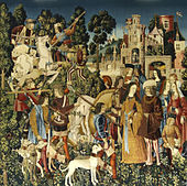 Early Netherlandish painting (South Netherlandish), c.1495-1505, The hunt of the unicorn. The Unicorn is killed and brought to the castle, from The Hunt of the Unicorn tapestries, tapestry, Wool warp, wool, silk, silver, 368.3 x 315 cm
