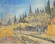 Sərv ağacları ilə əhatələnmiş çiçəklənən bağ, 1888-ci ilin apreli. Kröller-Müller muzeyi, Otterlo