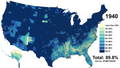 White Americans mapped to US counties in 1940, at their population percentage peak before declining due to increased immigration from outside of Europe and Canada. Additional maps back to 1790 exist within the White Americans wiki page.