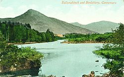 Area view in 1910s; Ballynahinch castle at base of Benlettery, one of the Twelve Bens