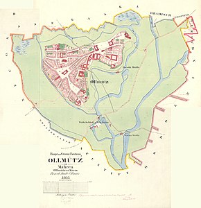 Olomouc v roce 1833 na císařském otisku mapy Stabilního katastru.